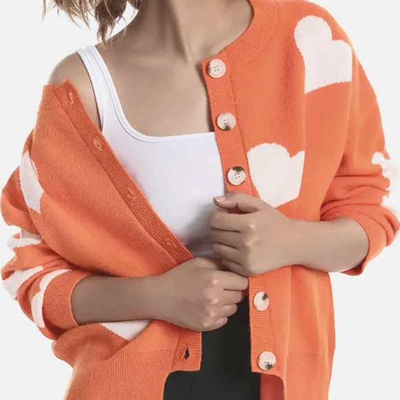 NWT Orange Button Up Cardigan Sweater with White Hearts - Picture 1 of 5